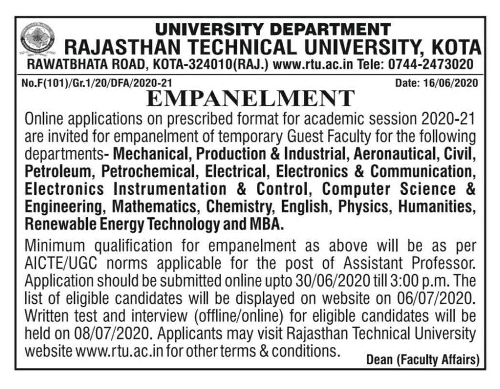 RTU Kota Recruitment 2024 — Jobs For Rajasthan Technical University Vacancy